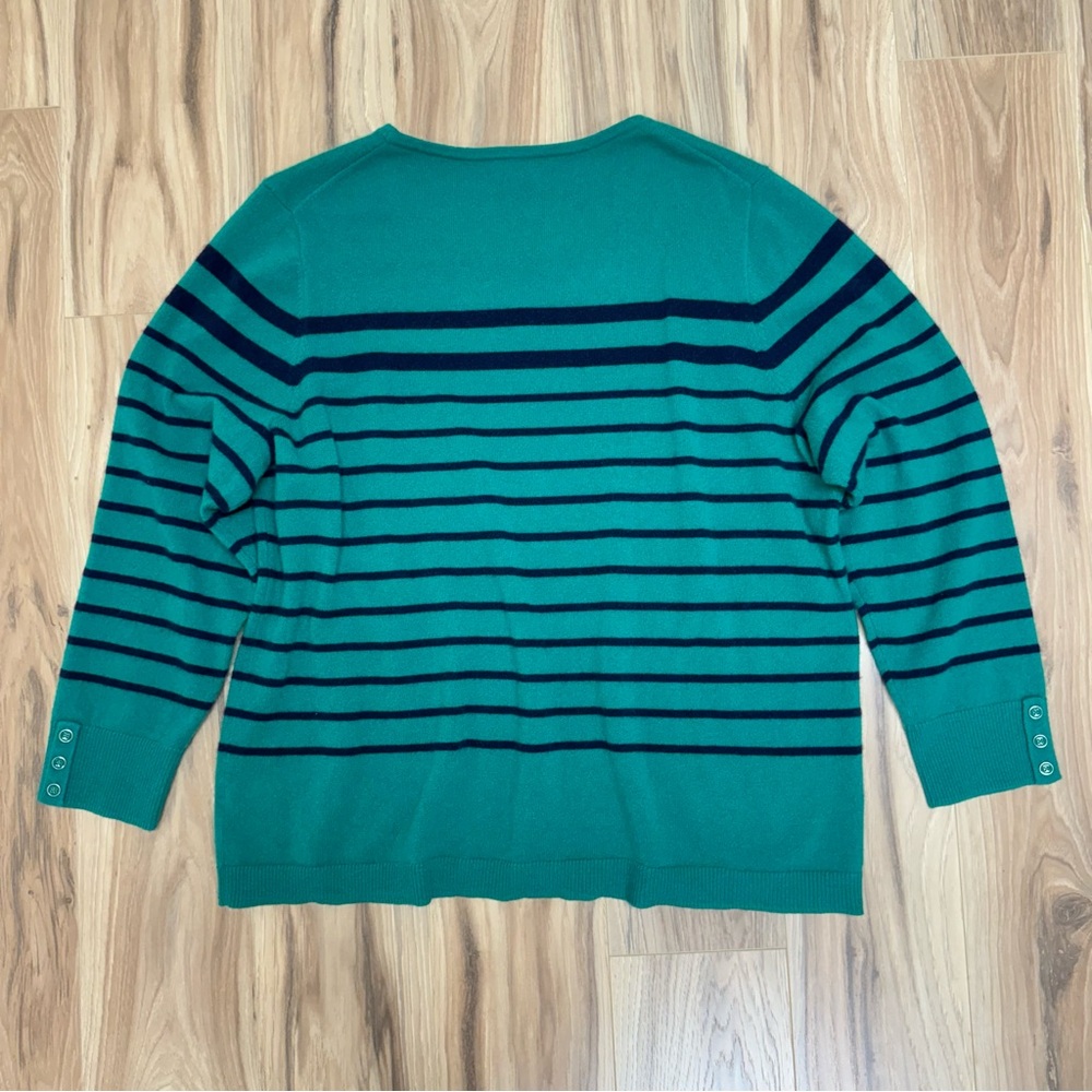Talbots Pullover 100% Cashmere Sweater Plus 2X Navy Blue Green Striped Soft Slim - Picture 11 of 15